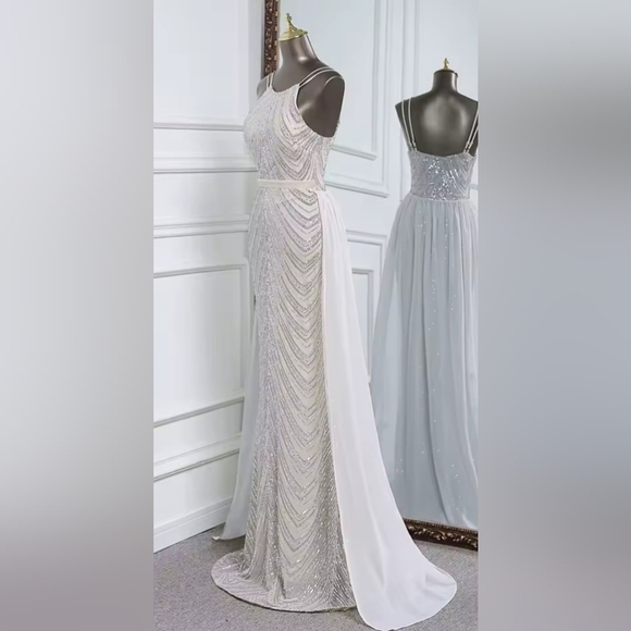 Silver,  O Neck, Sleeveless,  Detachable Skirt, Sequined Mermaid Gown - Picture 11 of 16